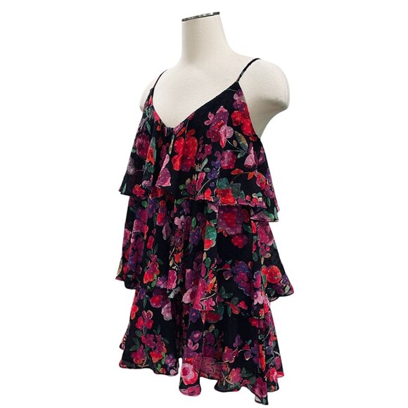 Line And Dot Black Floral Ruffle Mini Dress Boho Cottagecore Festival Y2K SZ M - Picture 8 of 12